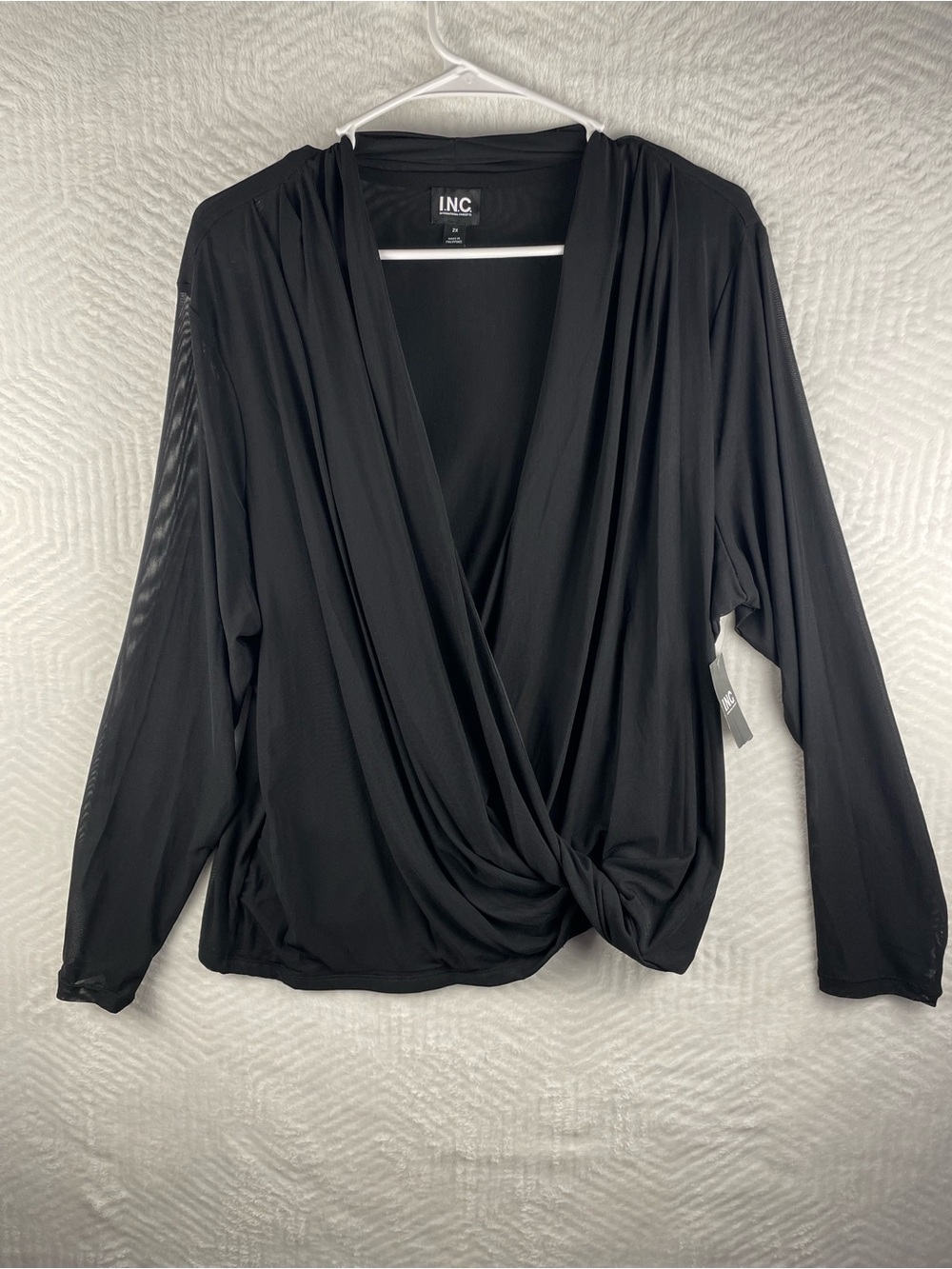 INC International Concepts Black Knot-Front Draped Long Sleeve Top